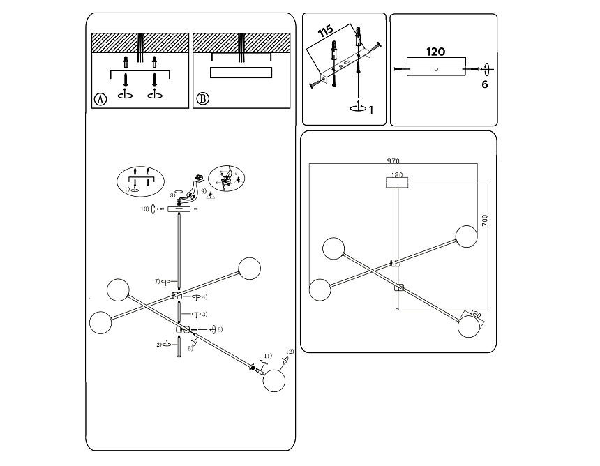 TR2507/4 BK/BS черный/латунь G9/4 max 10W D970*700